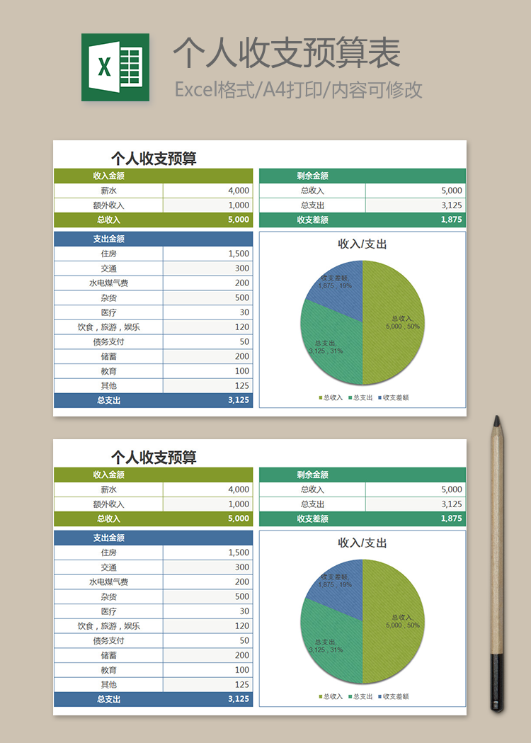 清新簡約個人收支預(yù)算表