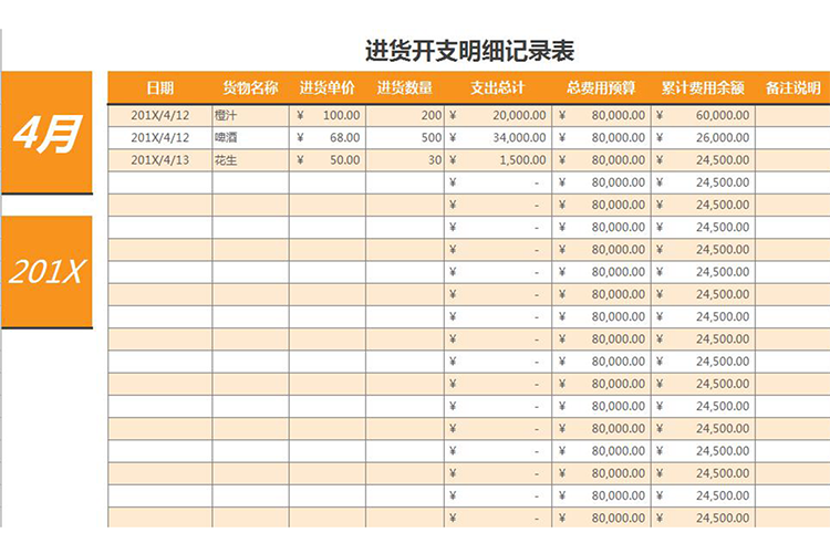 倉庫進(jìn)貨開支明細(xì)記錄表excel表格模板-1