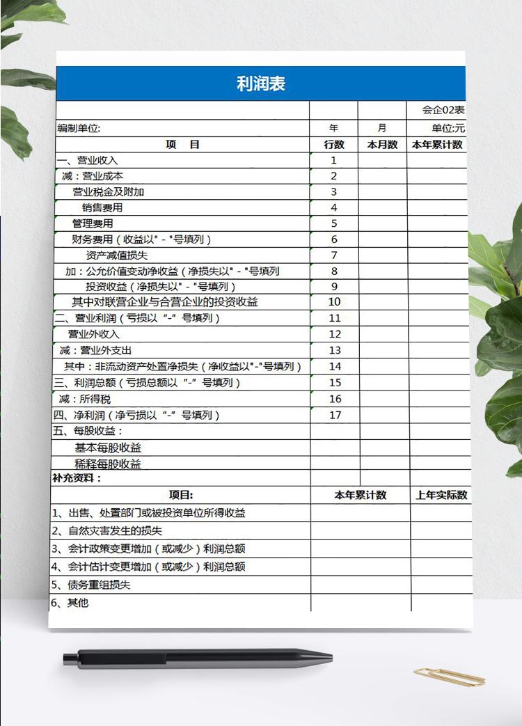 藍(lán)色風(fēng)格企業(yè)利潤(rùn)表模板