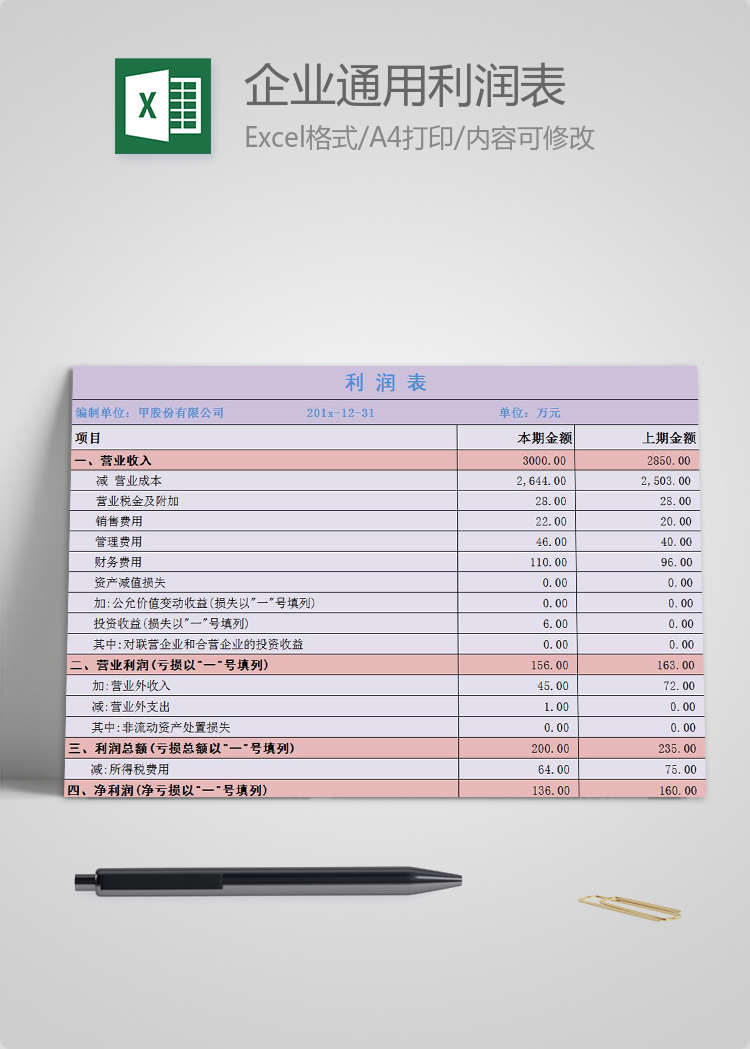 淺紫色企業(yè)通用利潤表Excel模板