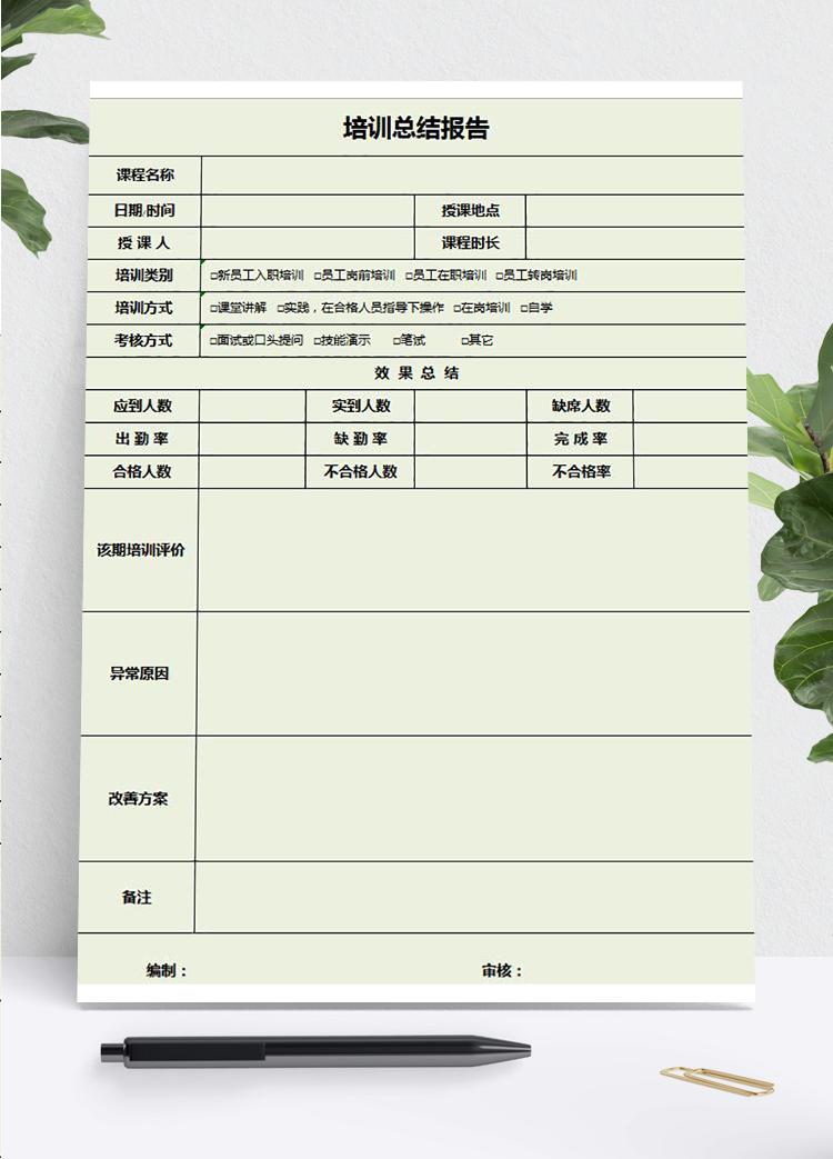 淺綠系培訓(xùn)總結(jié)報告表Excel模板