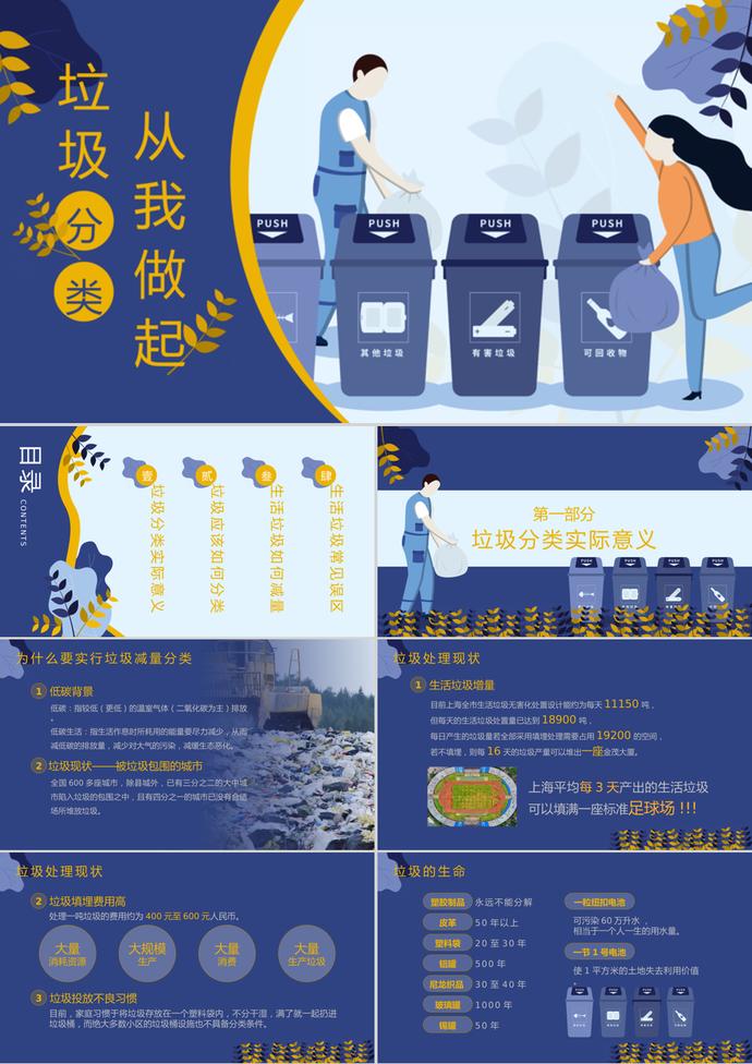 紫蘭簡約卡通風格垃圾分類宣傳PPT模板