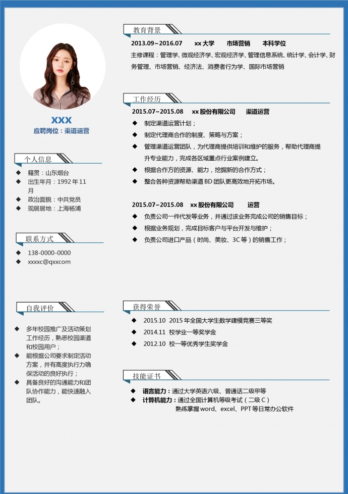灰色時尚風(fēng)格渠道運營簡歷模板