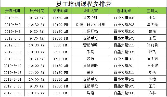 員工培訓(xùn)課程安排表