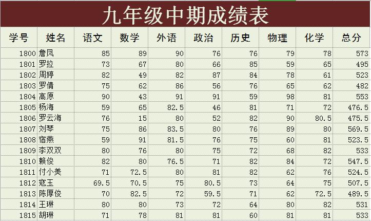 九年級(jí)中期學(xué)生成績(jī)表