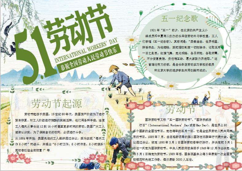 手繪唯美風(fēng)格五一勞動節(jié)手抄報(bào)Word模板