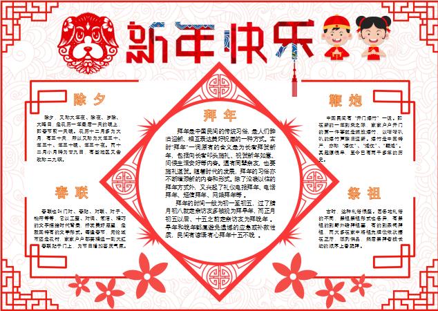 紅色喜慶新年快樂春節(jié)習俗小報word手抄報小報模板