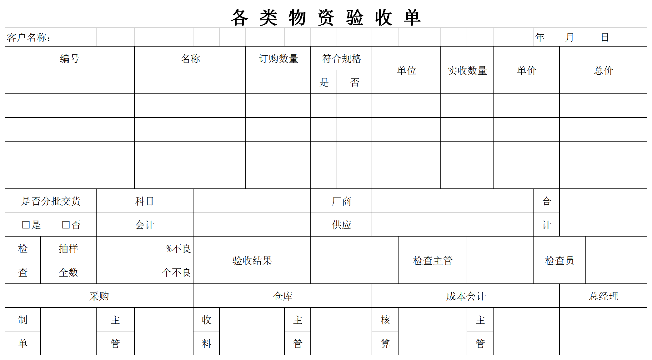 （各類(lèi)物資）產(chǎn)品驗(yàn)收單