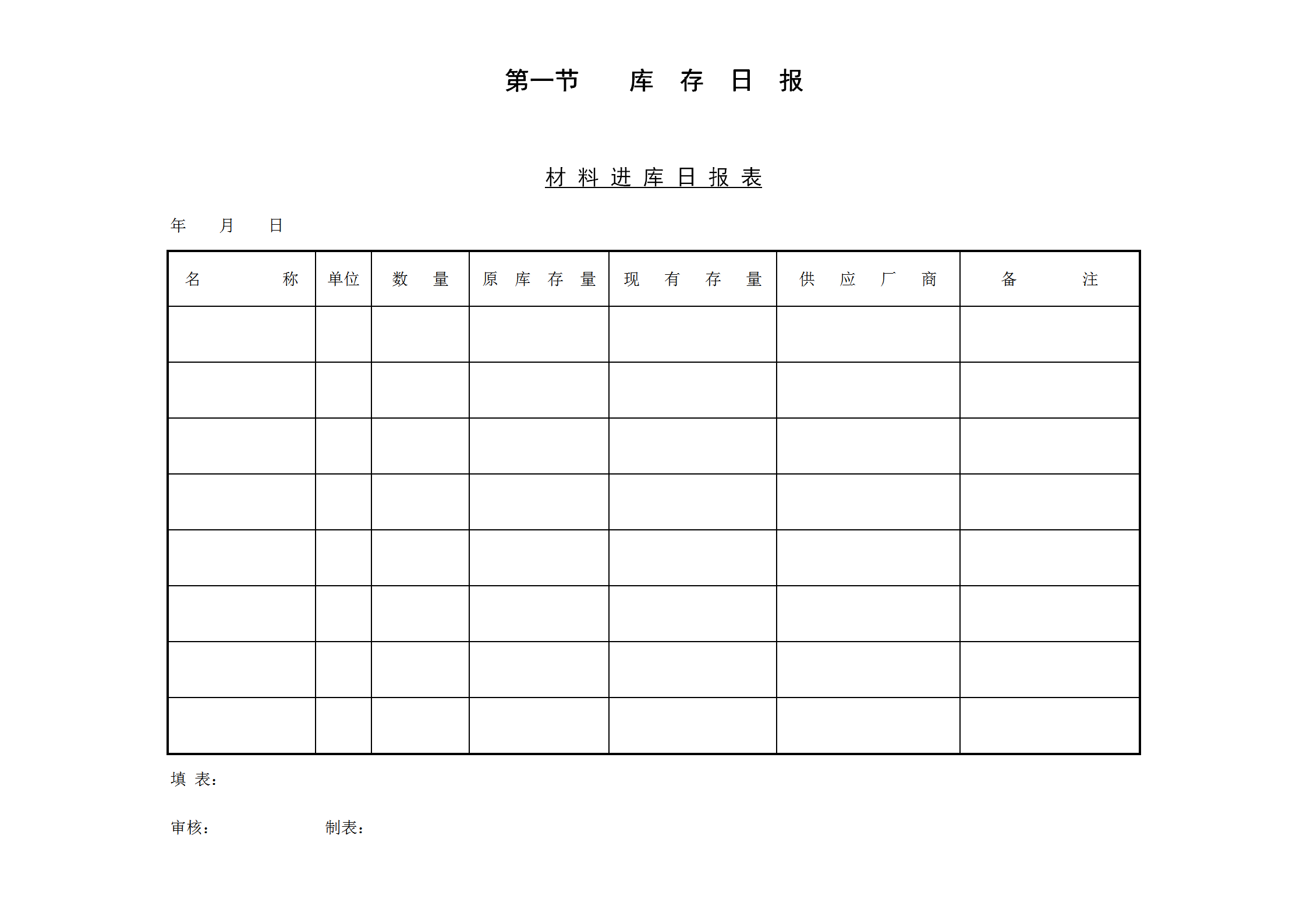 材料進(jìn)庫日統(tǒng)計報表word模板