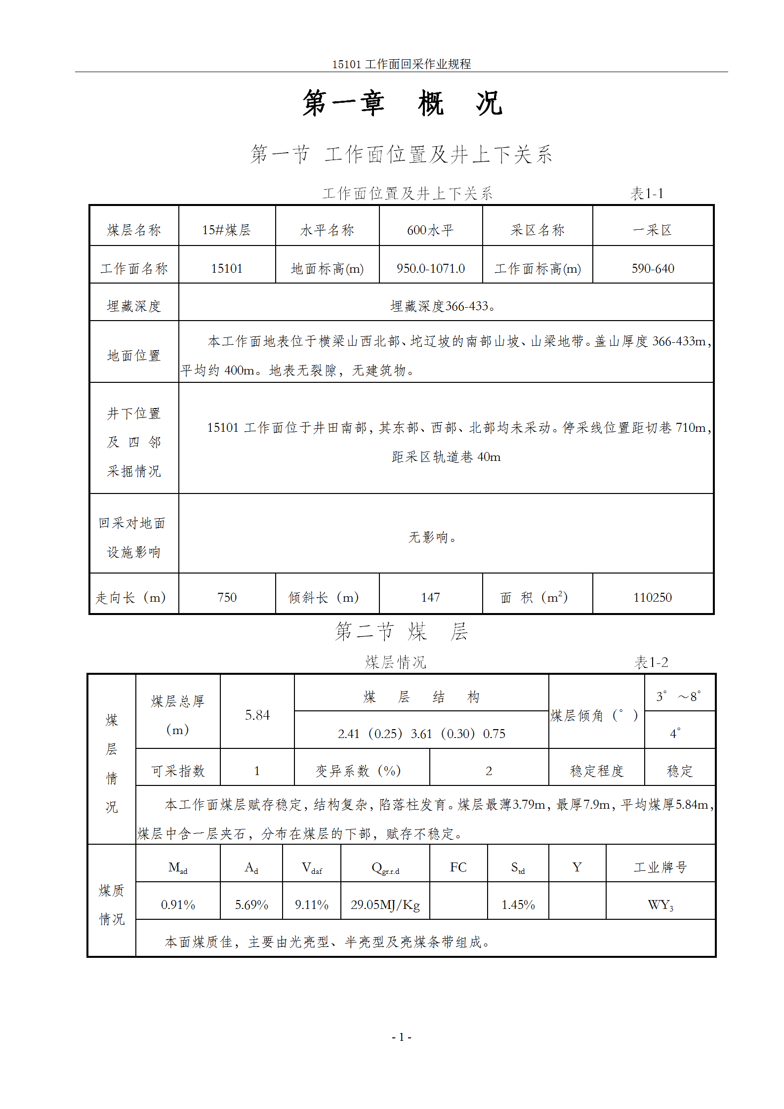煤業工作面回采作業規程教材word模板