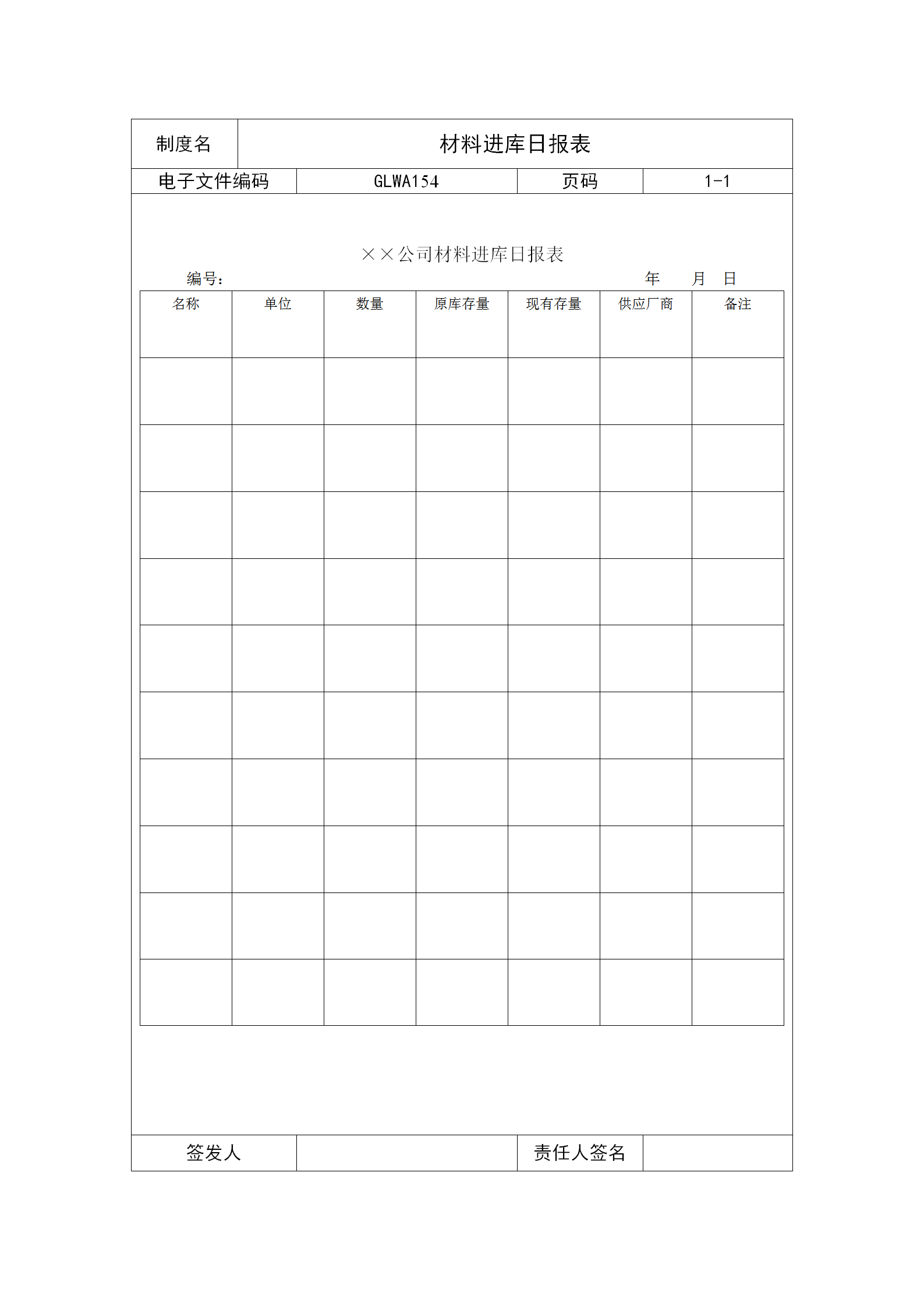 公司材料進(jìn)庫(kù)日統(tǒng)計(jì)報(bào)表word模板