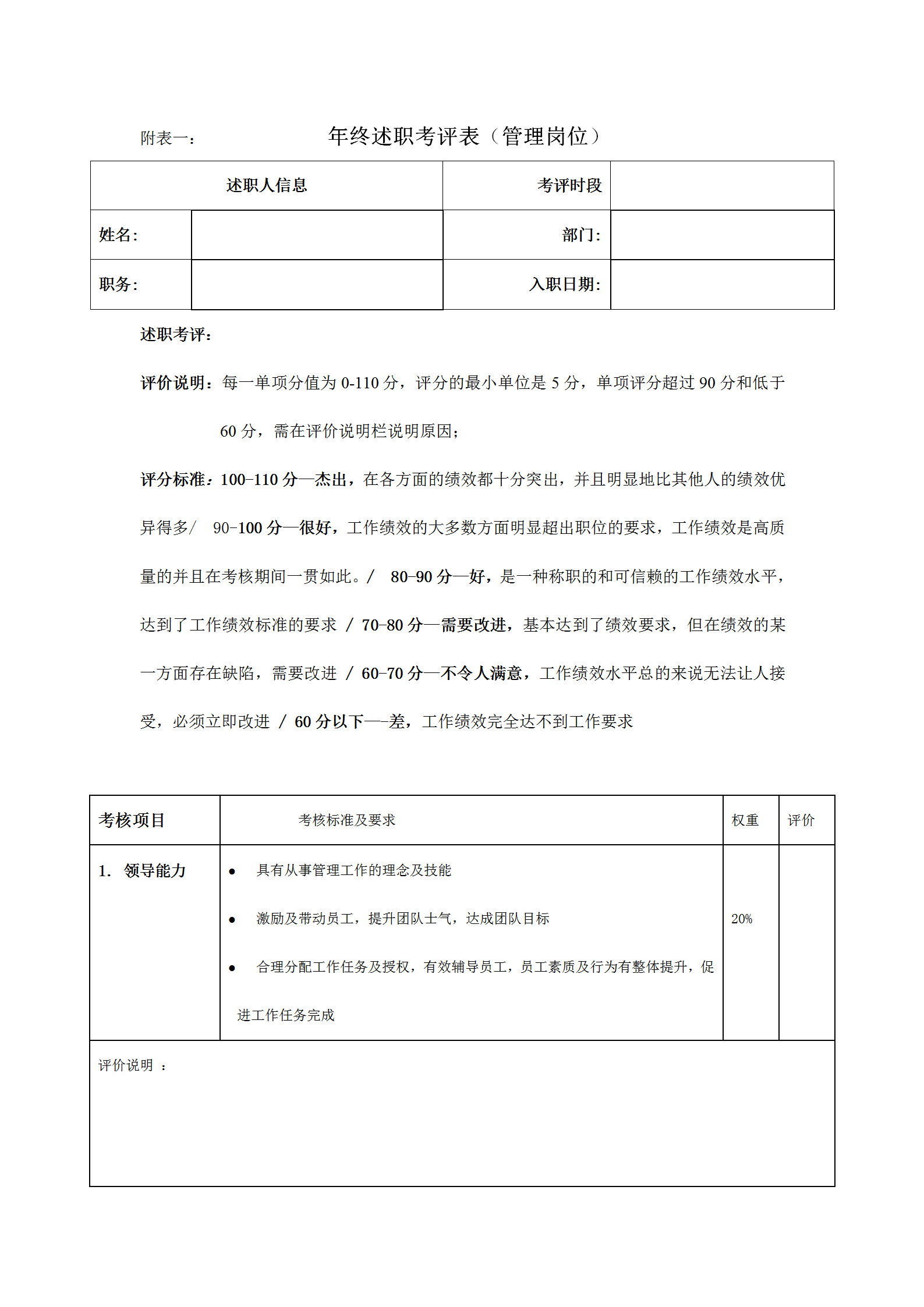 公司年終述職考評(píng)表word模板