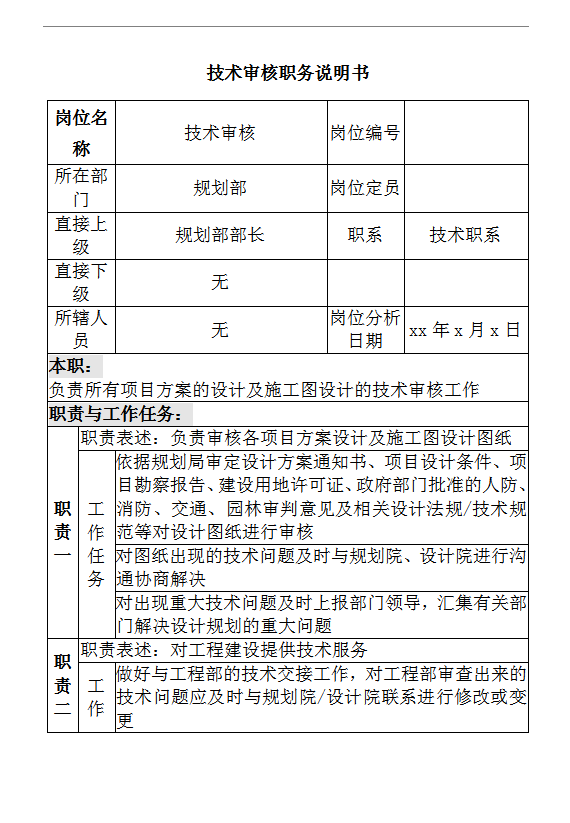 規(guī)劃部技術(shù)審核職務(wù)說明書word模板