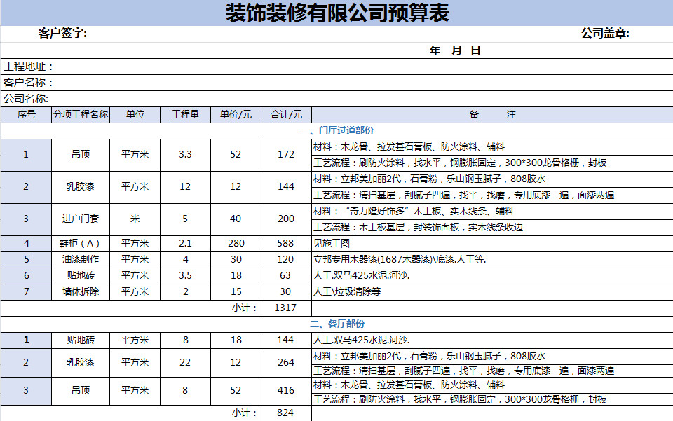 裝修公司裝飾預(yù)算表