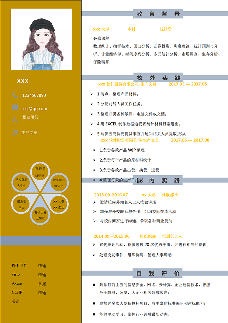 深桔黃多榮譽(yù)證書文員個人簡歷模板-1