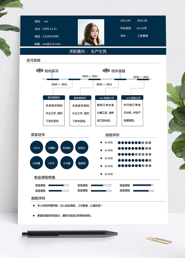 藏青色創(chuàng)意風(fēng)生產(chǎn)文員個人簡歷模板