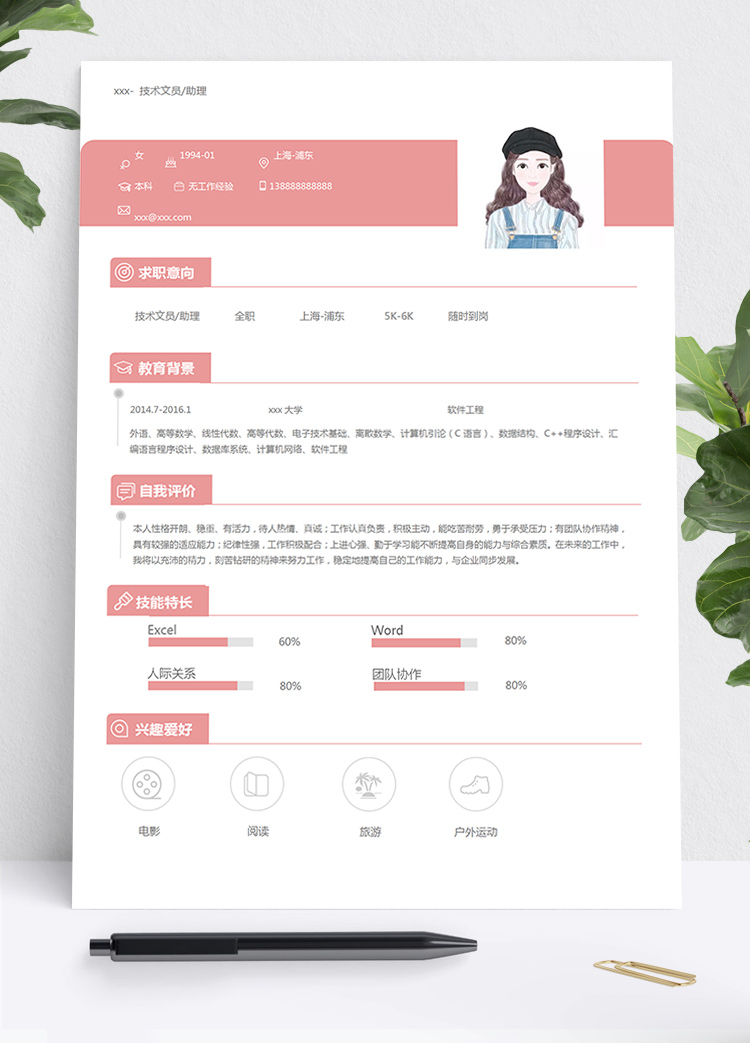 粉色可愛風(fēng)軟件工程文員個人簡歷模板