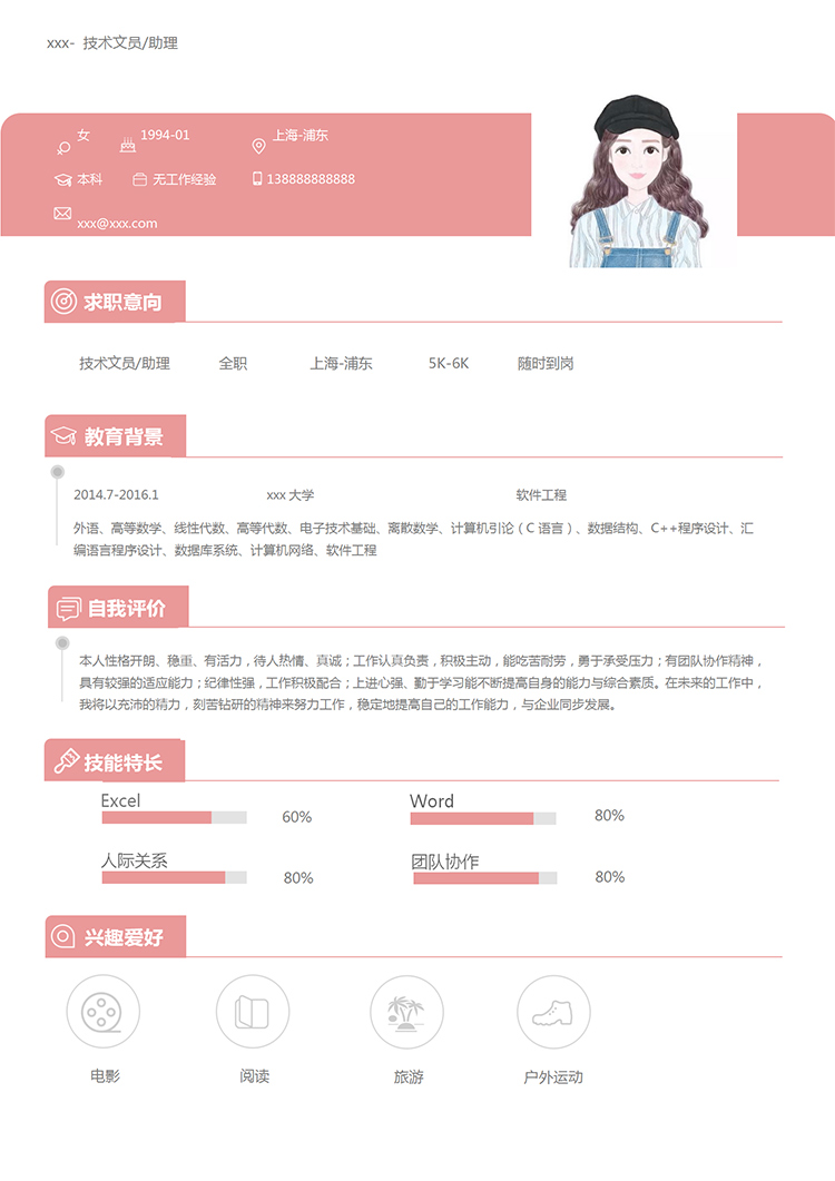 粉色可愛風(fēng)軟件工程文員個人簡歷模板-1