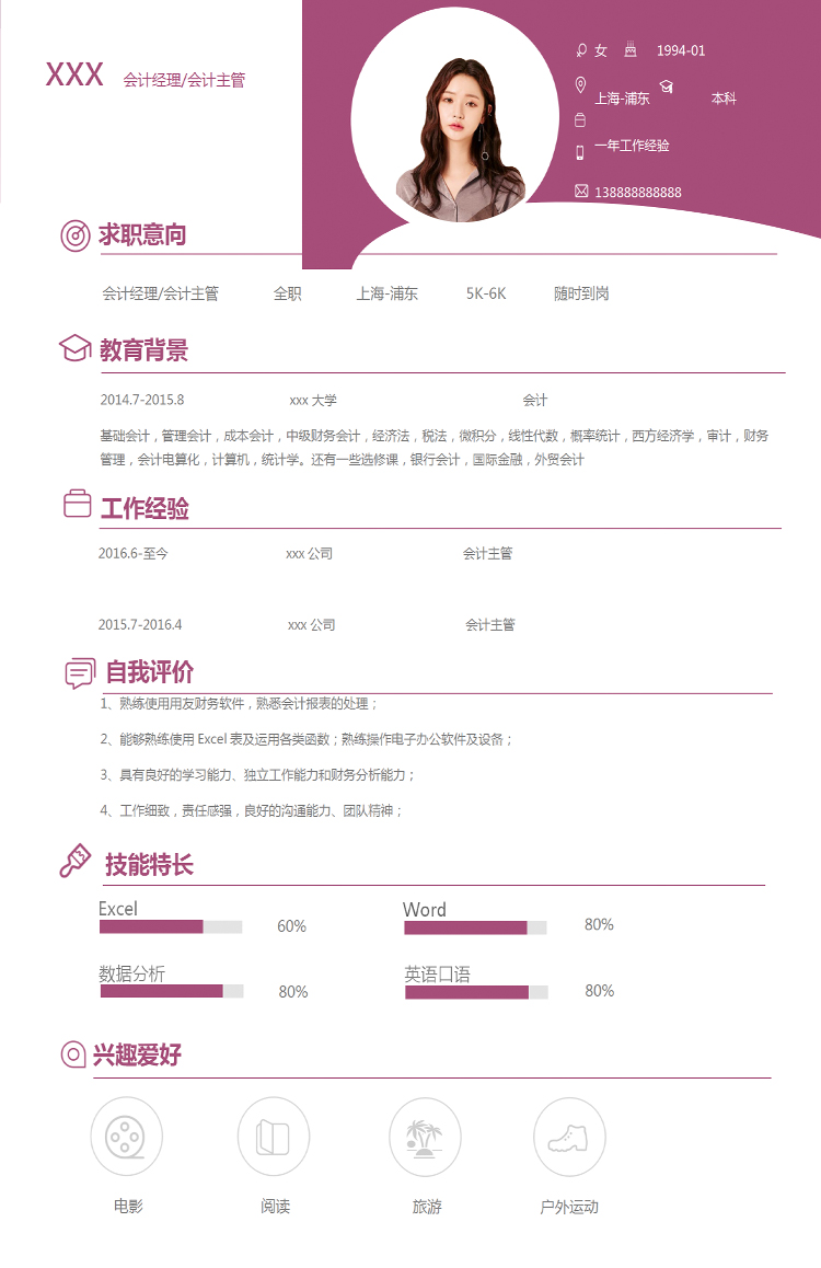 紫紅色精美風(fēng)格初級會計(jì)個人簡歷模板-1
