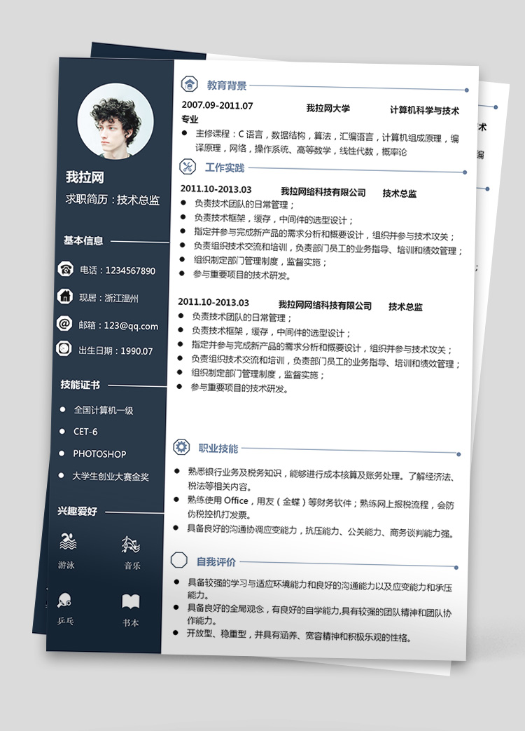 墨藍風財務(wù)系統(tǒng)技術(shù)負責人簡歷模板