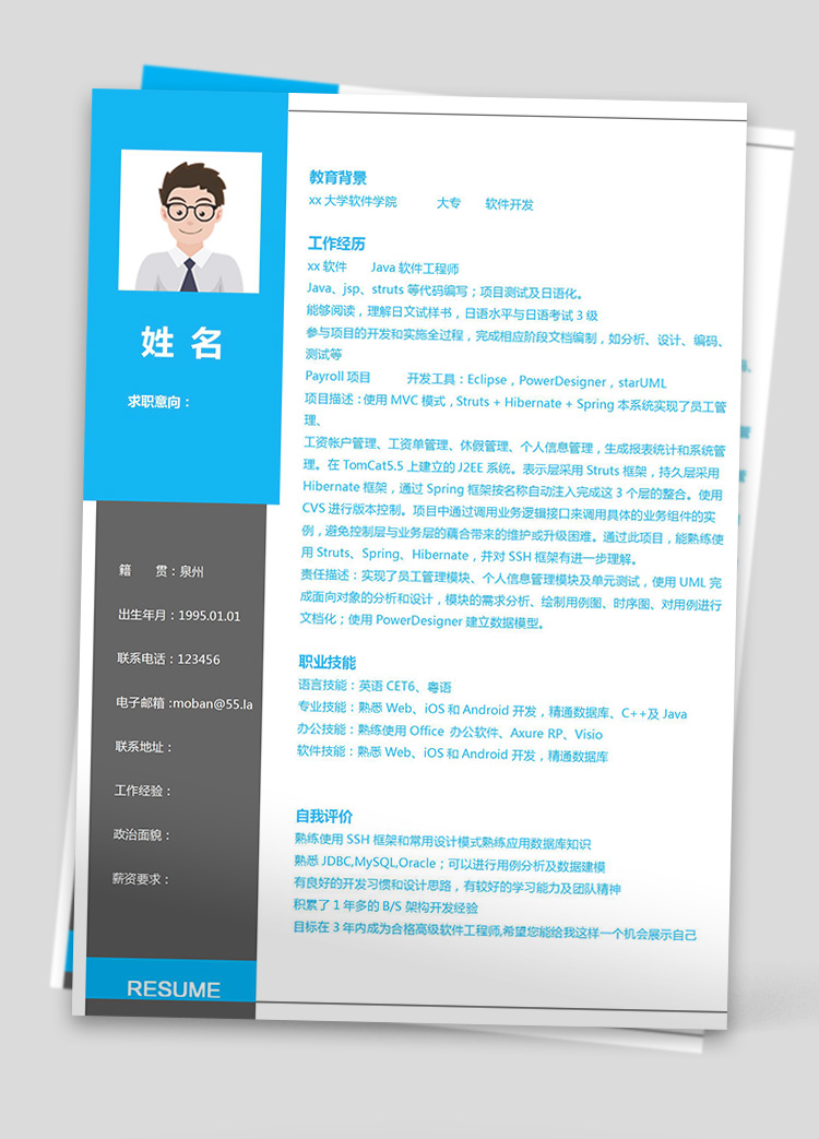 藍(lán)灰色個(gè)性風(fēng)軟件開(kāi)發(fā)應(yīng)屆生簡(jiǎn)歷模板