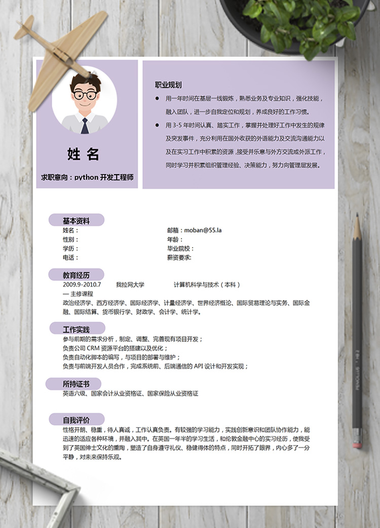 紫色系python開發(fā)工程師簡歷模板