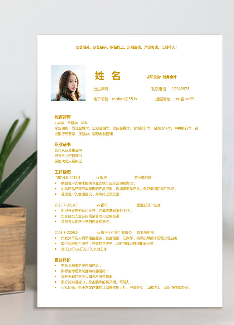 黃色系時(shí)尚風(fēng)財(cái)務(wù)會計(jì)應(yīng)屆生簡歷