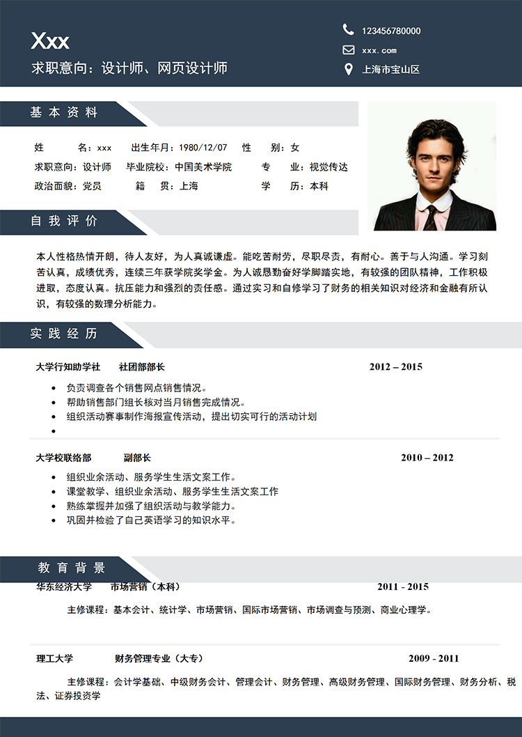 深藍(lán)色簡約風(fēng)設(shè)計師個人簡歷模板-1