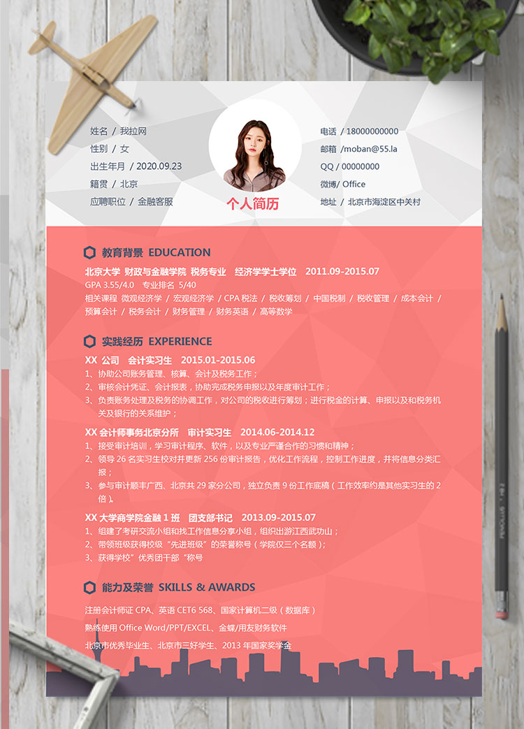 粉紅色精美風(fēng)金融客服個人簡歷模板