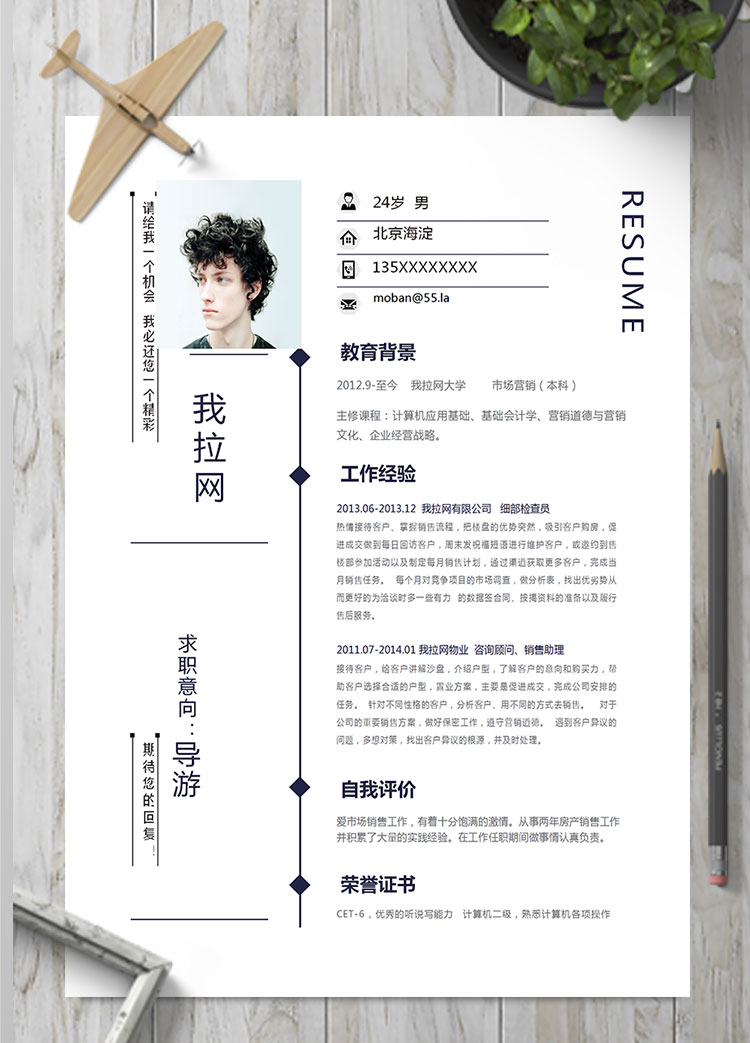 藏青色簡約大方導(dǎo)游個人簡歷模板