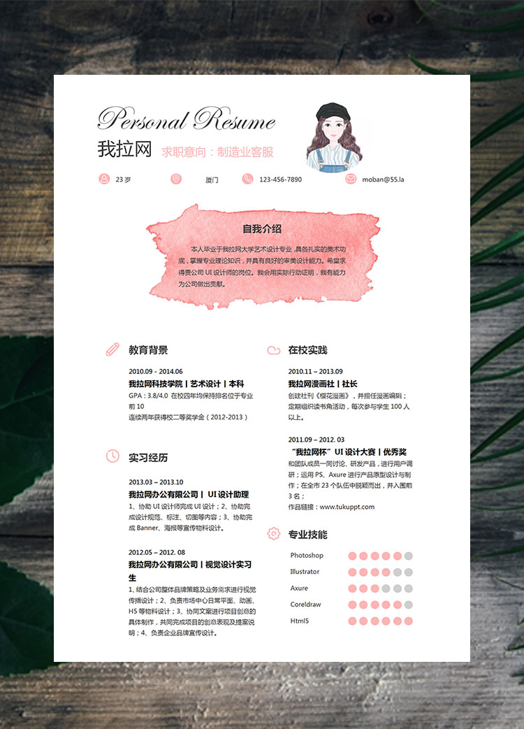 粉色系精美風(fēng)制造業(yè)客服簡(jiǎn)歷模板