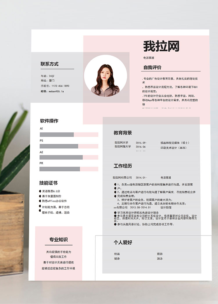 粉色可愛清新風(fēng)格電器客服簡(jiǎn)歷模板