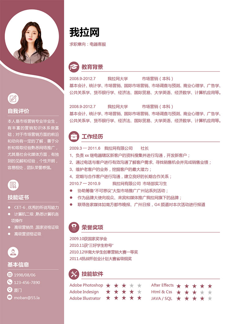 粉紅色時(shí)尚創(chuàng)意風(fēng)電器客服簡歷模板-1
