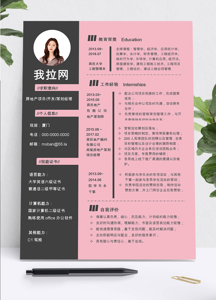 黑粉系創意房地產項目簡歷模板