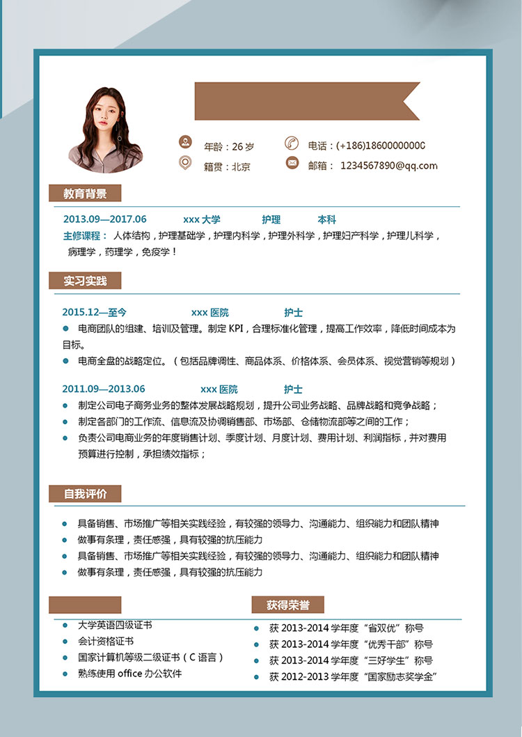藍(lán)色線條內(nèi)科護(hù)士護(hù)理個(gè)人簡歷模板-1