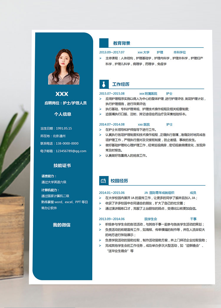 深藍(lán)色精美風(fēng)護(hù)理個人簡歷模板