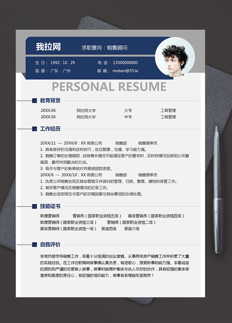 灰色深藍(lán)色銷售顧問(wèn)個(gè)人求職應(yīng)屆生簡(jiǎn)歷模板