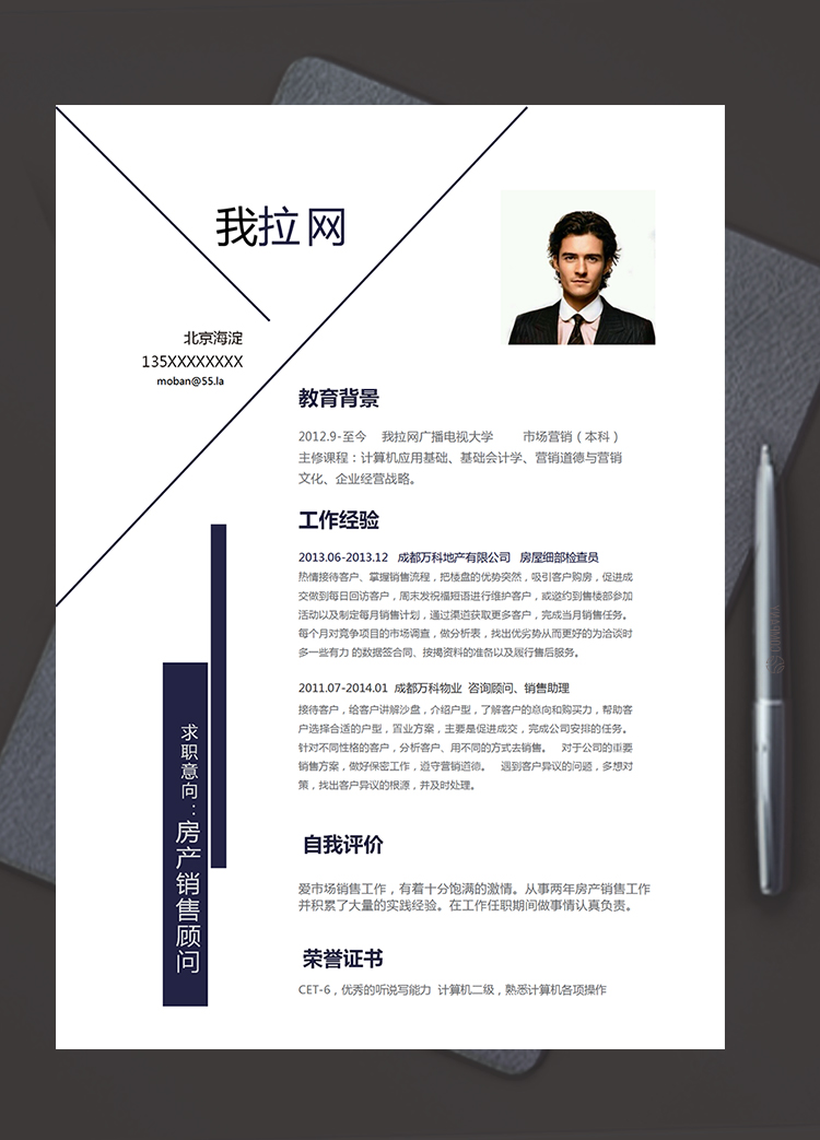 簡潔大氣美觀房產(chǎn)銷售顧問個人簡歷模板