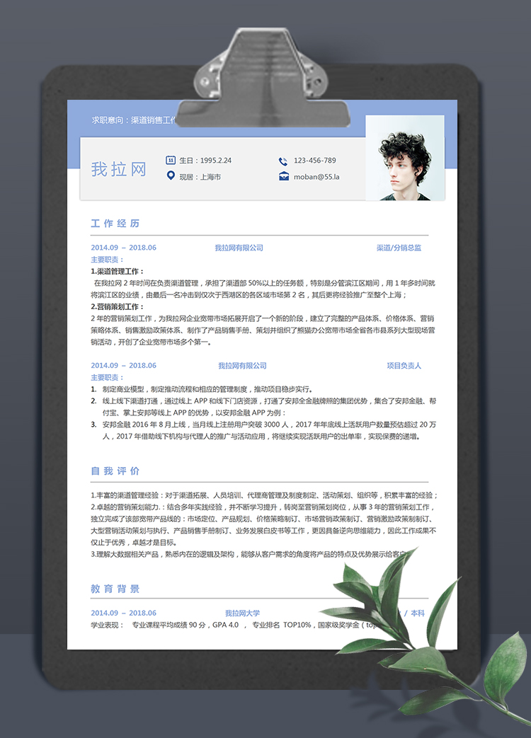 藍(lán)色大氣風(fēng)渠道銷售3年以下工作經(jīng)驗(yàn)簡(jiǎn)歷模板