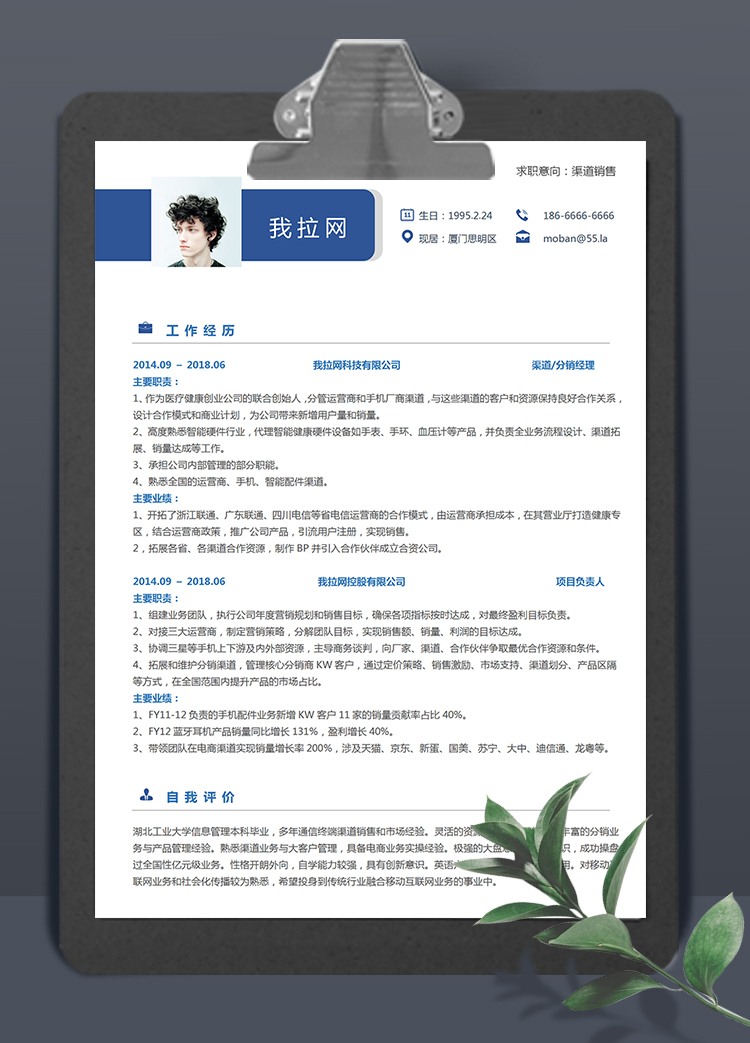 藍(lán)色商務(wù)風(fēng)格渠道銷售個(gè)人求職簡(jiǎn)歷模板