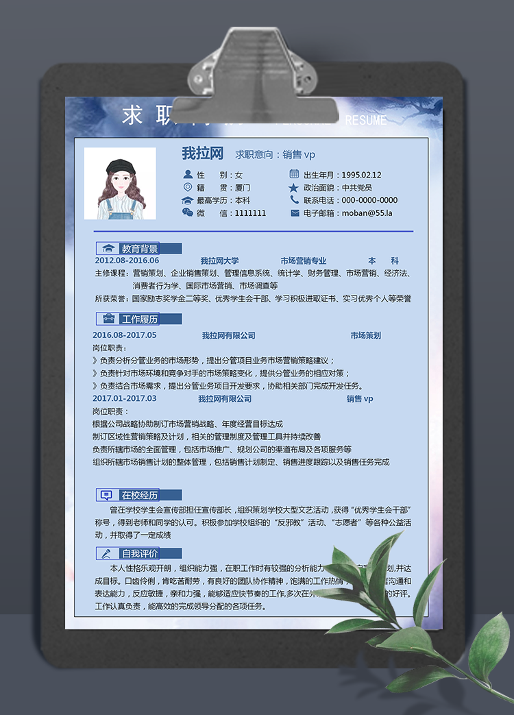 藍色商務銷售vp個人簡歷模板