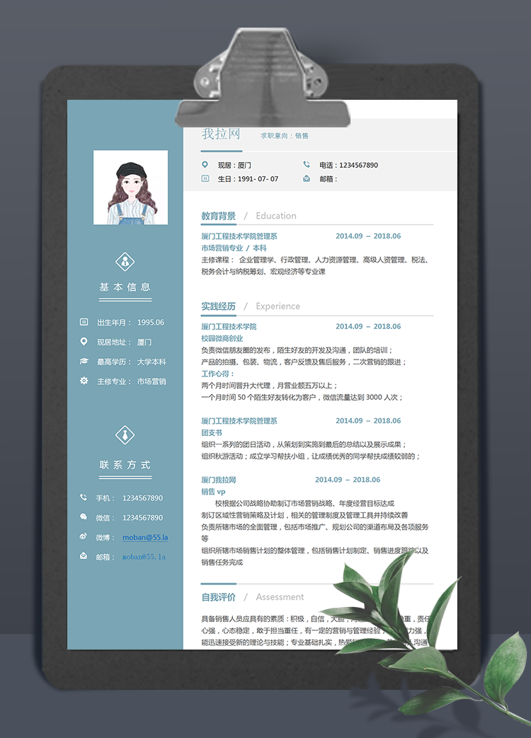 天藍(lán)色銷售vp個(gè)人簡(jiǎn)歷模板