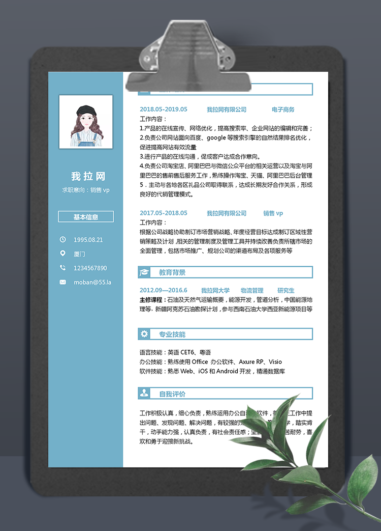 蔚藍(lán)色銷售vp個(gè)人簡歷模板